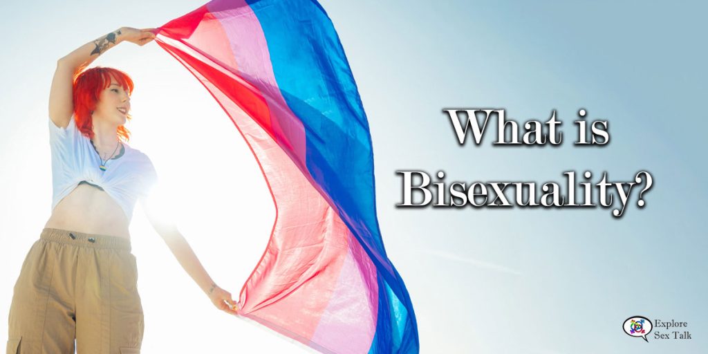 what is bisexuality. woman holding bisexual flag