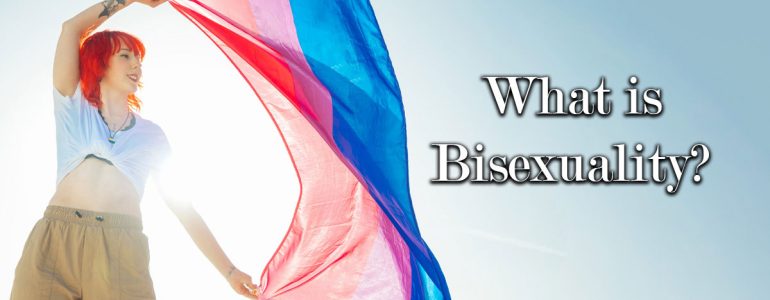 what is bisexuality. woman holding bisexual flag